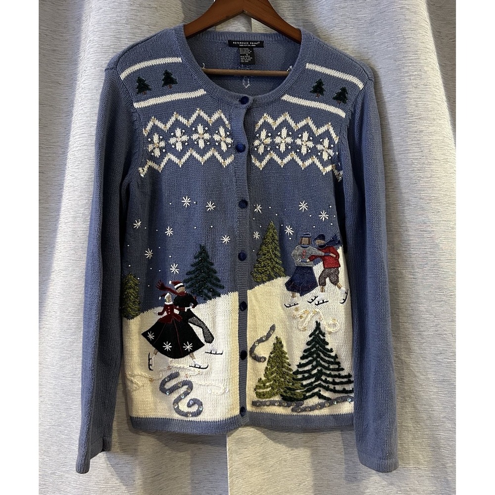 Reference Points Christmas Sweater Womens Size Small‎ Snowflakes Skiers 90s